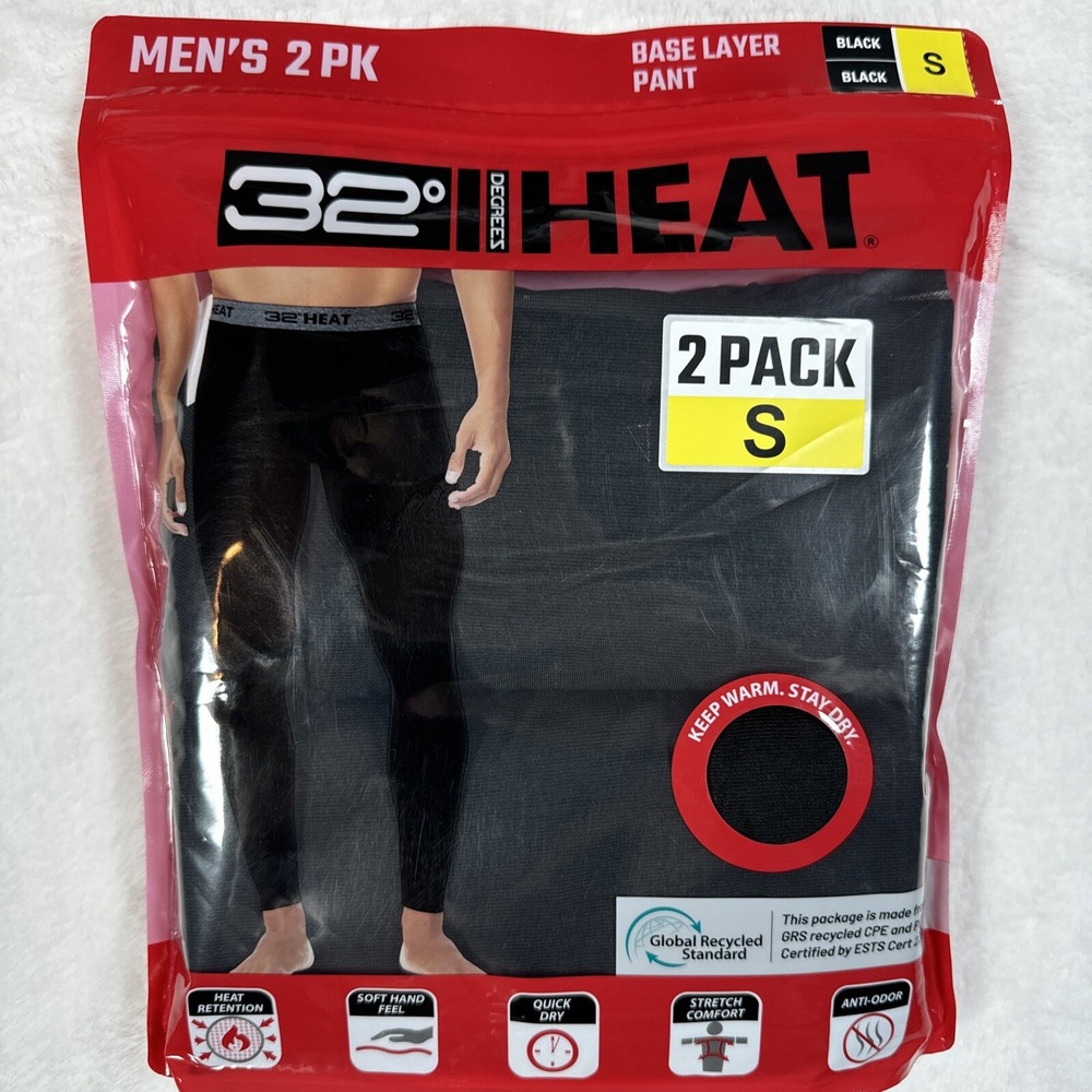 32 Degrees Men's Heat Stretch Quick-Dry Base Layer Pant 2-Pack, Black, Size S